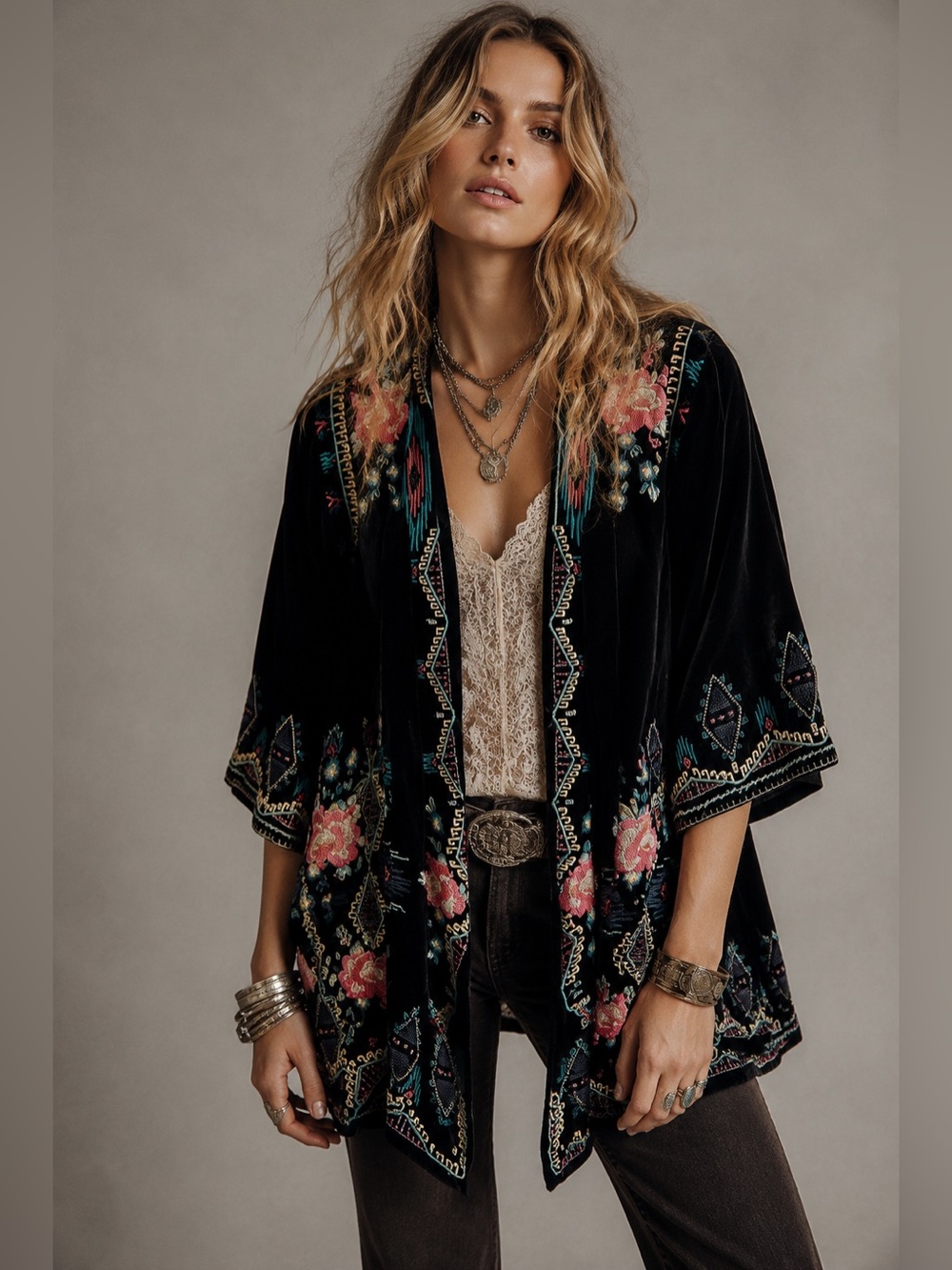 Johnny Was Black Velvet Floral Embroidered Kimono Duster Bell-Sleeve X-Small